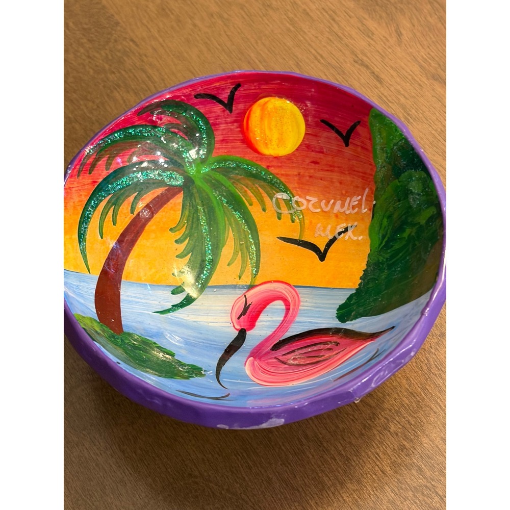 Cozumel Mexico Hand Painted Ceramic Tripod Bowl Flamingo Palm Tree Sunset 3.5"